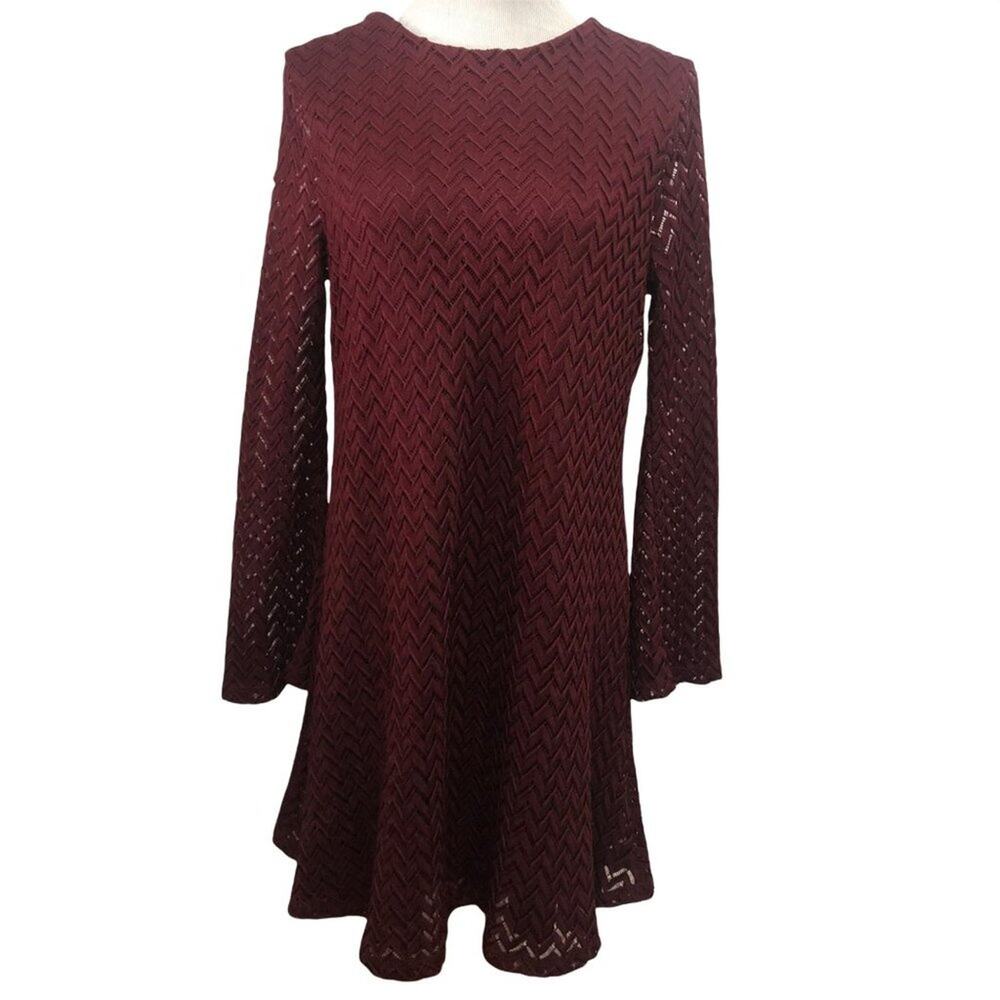 Mango Red Burgundy Chevron Knit Bell Sleeve Dress Size MEDIUM